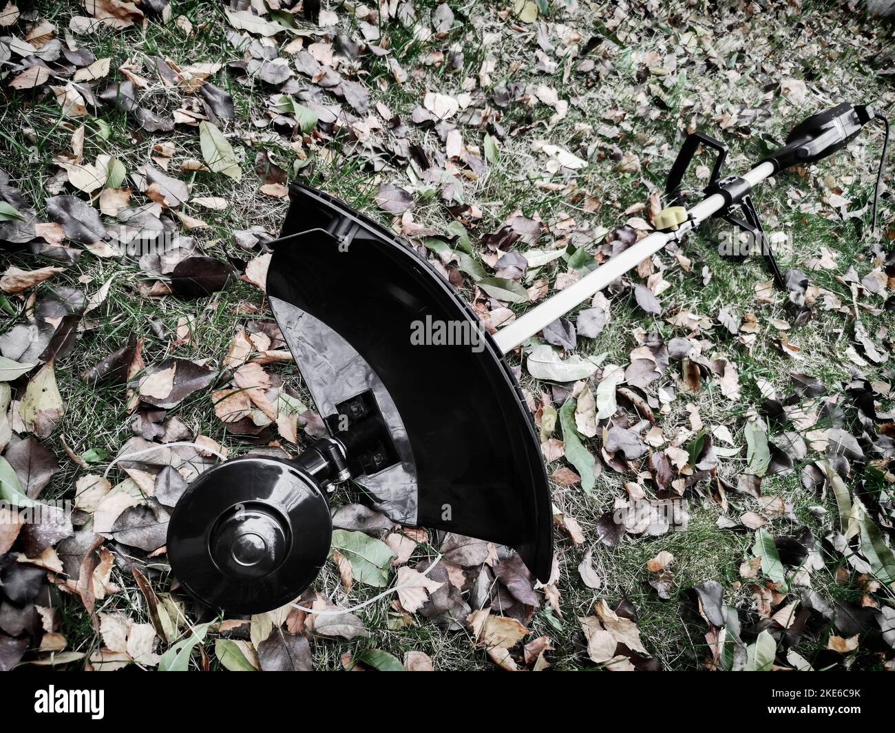 Appareils ménagers: Tondeuse-tondeuse pour tondre les pelouses . Présenté sur un fond d'herbe et de feuilles, vue de face, espace de copie Banque D'Images