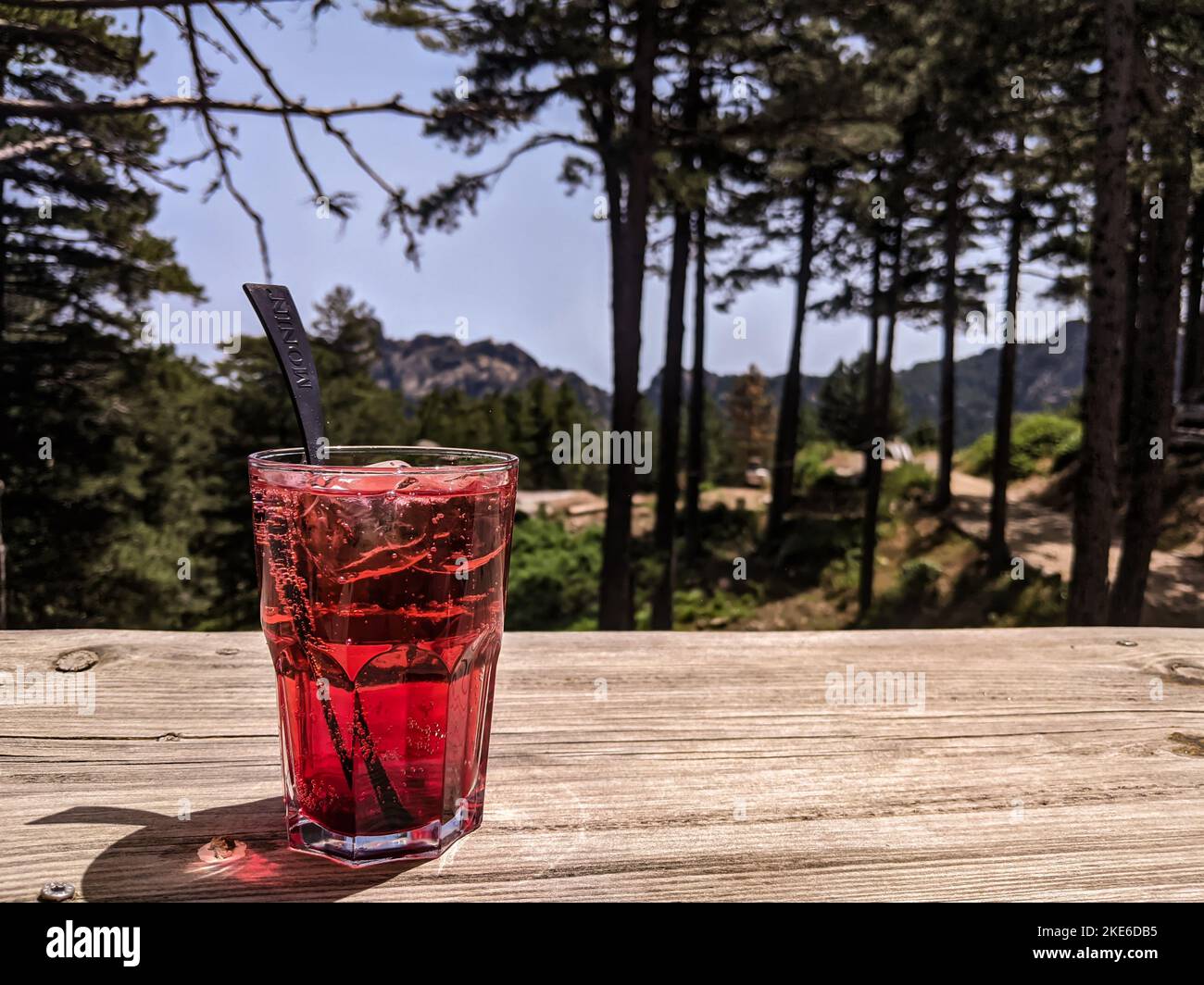 Verre de sirop de grenadine sur une plaque de bois avec forêt en  arrière-plan Photo Stock - Alamy