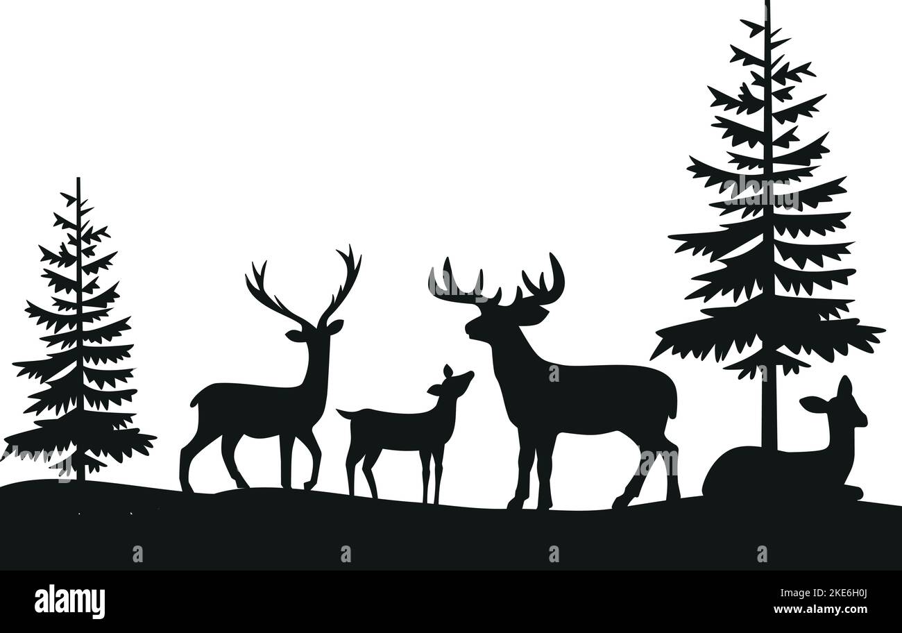 Vector Double exposition, cerf pour votre conception, concept de la faune. Paysage forestier d'époque vectoriel avec silhouettes noir et blanc d'arbres et d'ani sauvage Illustration de Vecteur