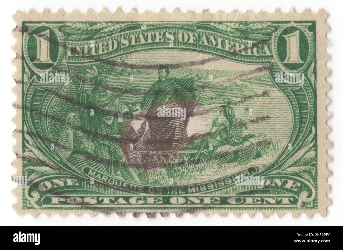 États-Unis - 1898 17 juin : timbre-poste vert jaune foncé de 1 cents représentant la scène du Père Marquette sur le Mississippi, exposition transMississippi tenue à Omaha, Nebraska. Le numéro de l'exposition transMississippi n'était que le deuxième numéro commémoratif offert par le bureau de poste des États-Unis et suivait de près le modèle de son prédécesseur, la série de l'exposition colombienne de 1893: Les deux ensembles ont comparu en conjonction avec d'importantes foires internationales du monde; les deux ont offert une large gamme de dénominations de timbres; les deux ont adopté le format de timbre double largeur pour accueillir les tableaux illustrés Banque D'Images