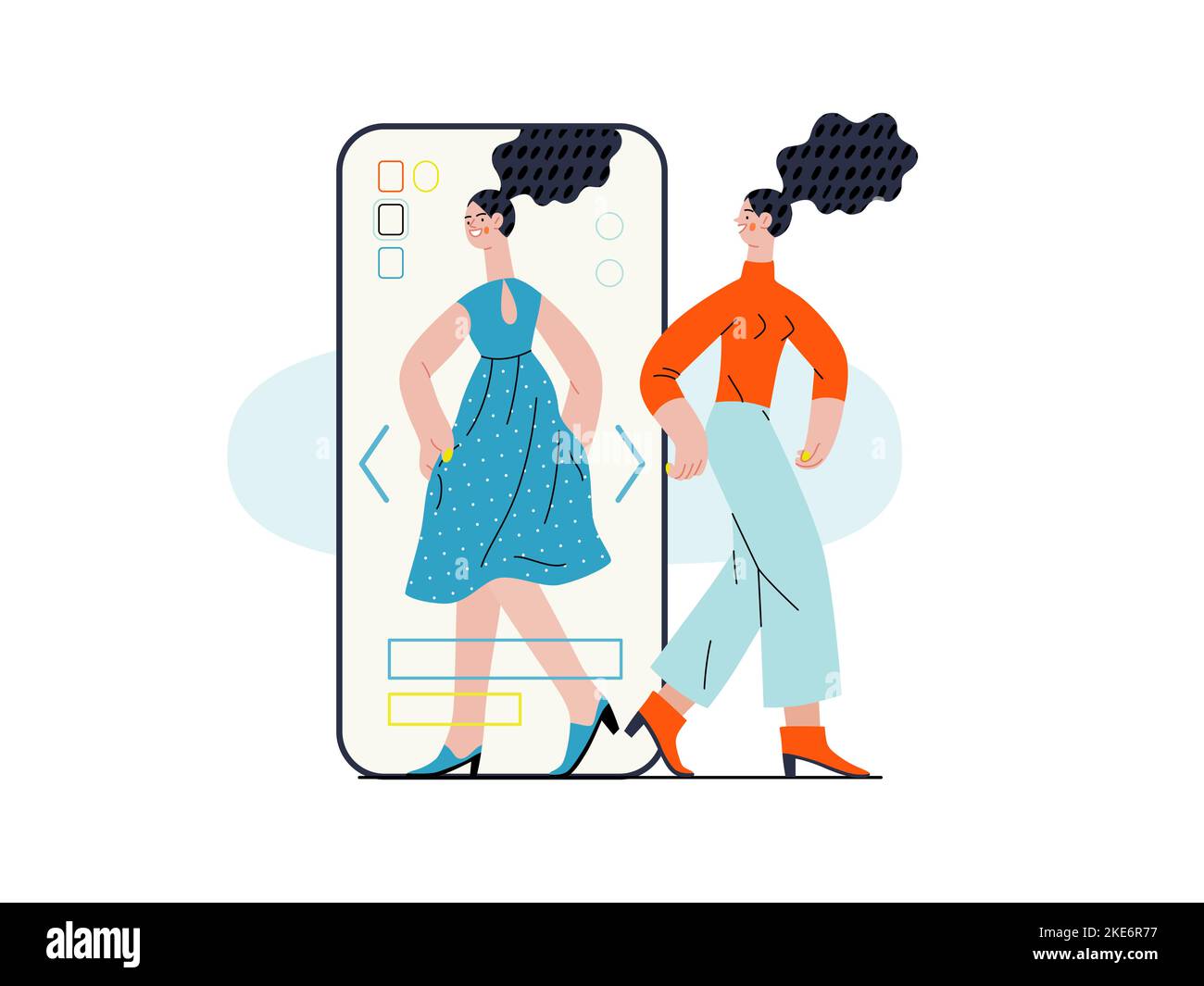 Virtual Fitting - série d'achats en ligne et de commerce électronique - illustration moderne de concept de vecteur plat d'une femme qui s'adapte des vêtements dans l'app. Promotion Illustration de Vecteur