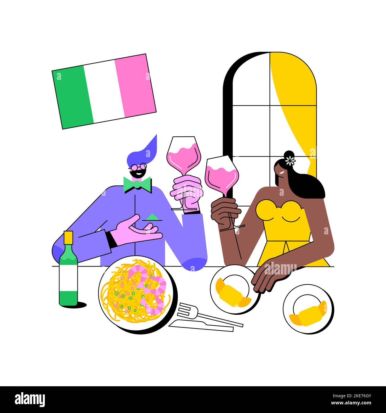 Illustrations vectorielles de dessins animés isolées de restaurant italien. Jeune couple mangeant des pâtes italiennes dans un restaurant de luxe, relation romantique, dîner de première date, gens style de vie vector dessin animé. Illustration de Vecteur
