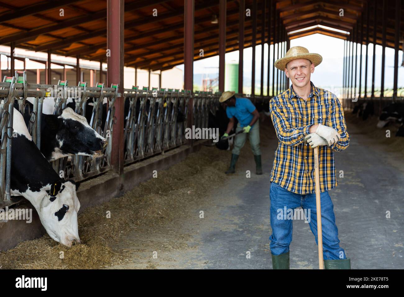 Agriculteur mâle tenant un outil agricole et debout dans un hangar Banque D'Images