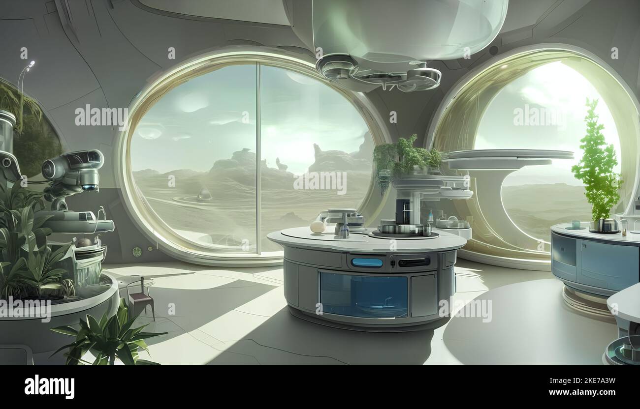 cuisine sci-fi, salle futuriste avec vue sur un paysage extraterrestre Banque D'Images