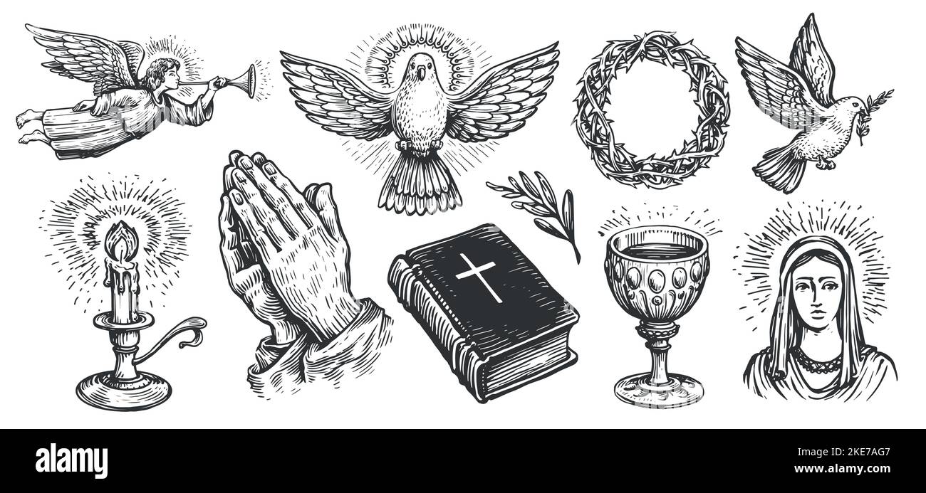 Foi en Dieu, concept. Collection de symboles bibliques dessinés à la main dans un style de gravure vintage. Illustration du vecteur d'esquisse Illustration de Vecteur