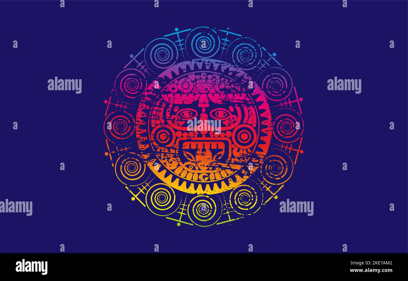 Ancien Dieu sacré du soleil maya, calendrier de roue aztèque, symboles maya masque ethnique. Cadre rond psychédélique bordure ancienne icône de logo. Grunge vecteur Mandala Illustration de Vecteur