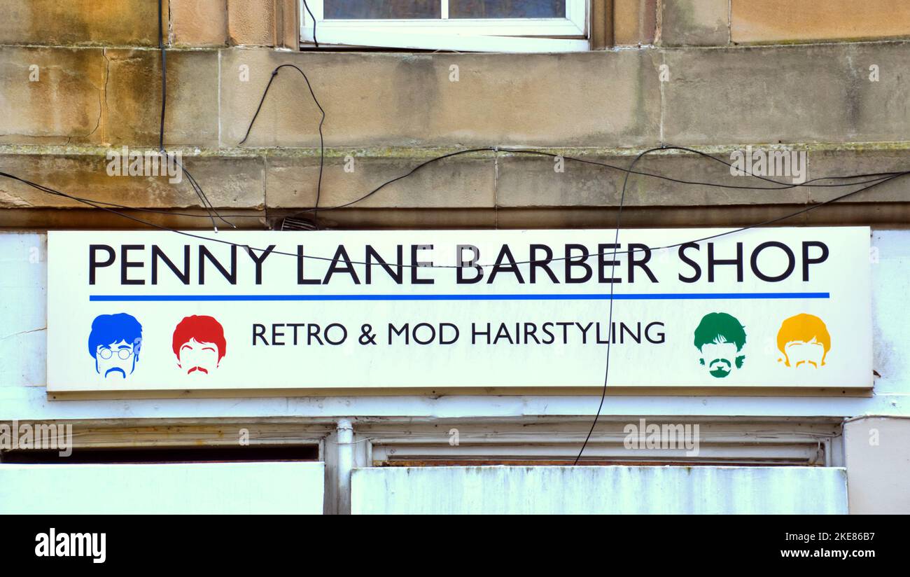 Panneau du magasin de coiffure Penny Lane Beatles mod Banque D'Images
