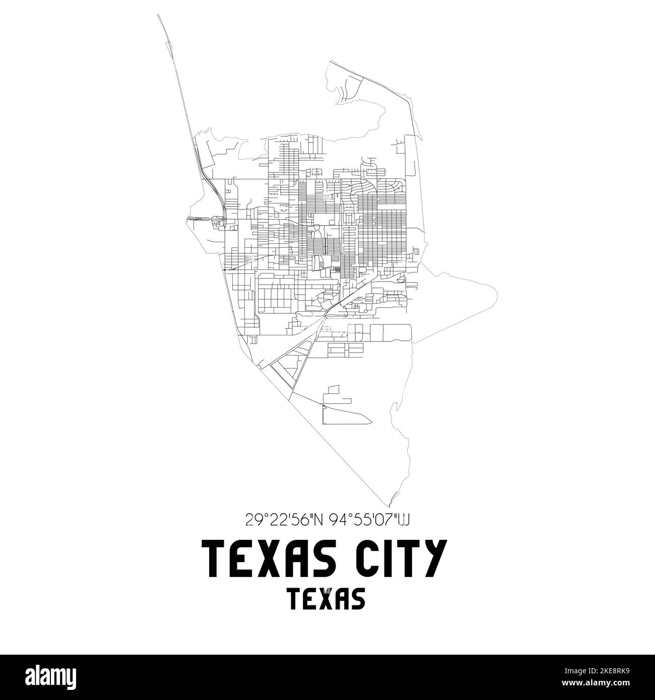 Carte postale en noir et blanc du code postal de Texas City, Texas, USA 77590 — une carte de rue et de ville minimaliste pour l'art mural, la cartographie et la décoration imprimée. Banque D'Images