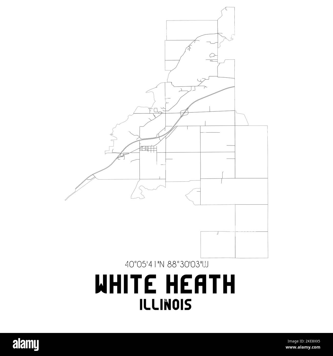 Carte postale en noir et blanc de White Heath, Illinois, USA 61884 – carte de ville minimaliste des rues en art mural et impression de cartographie pour la décoration intérieure. Banque D'Images