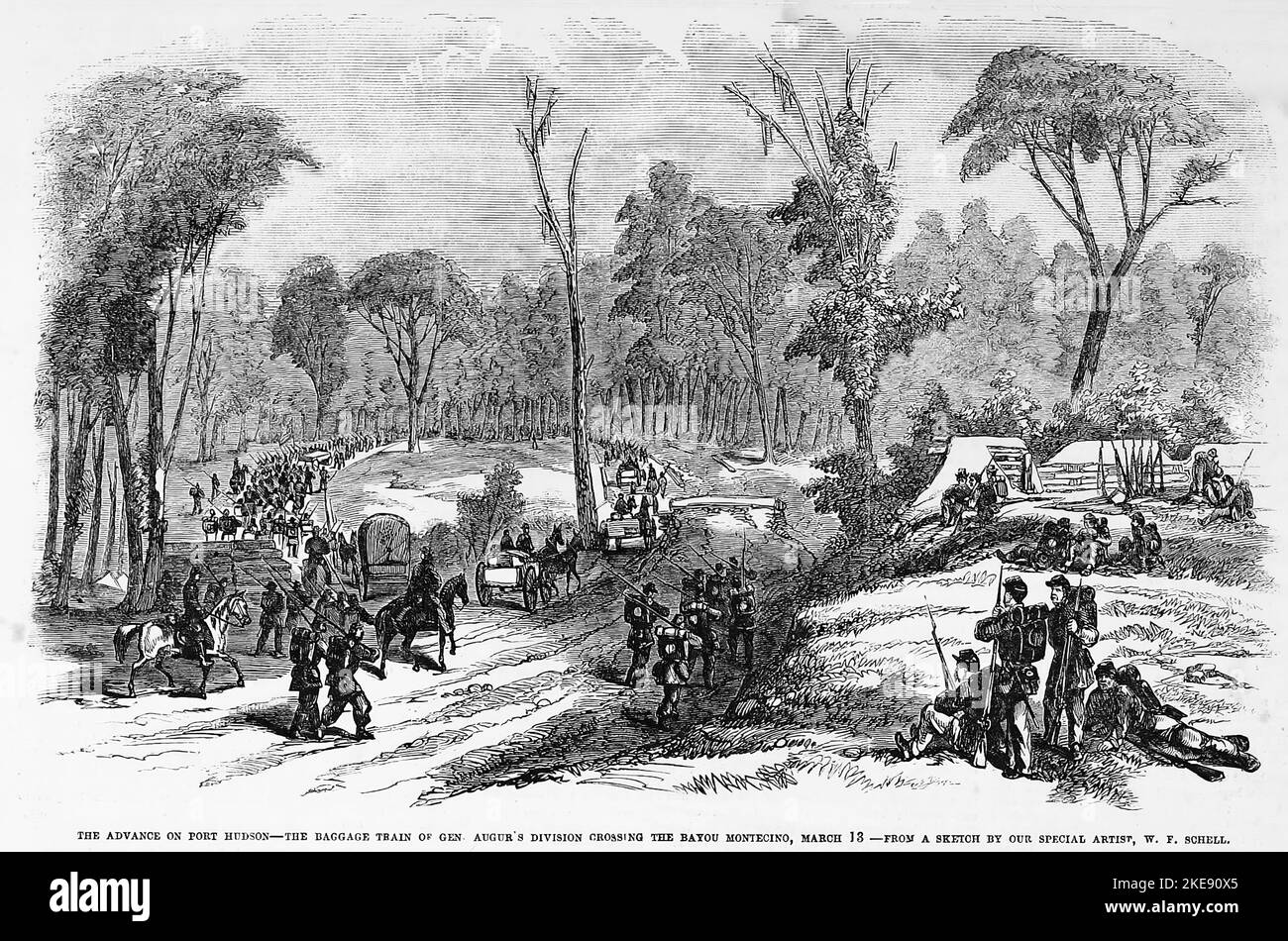 L'avance sur Port Hudson, Louisiane - le train de bagages du général Christophe Colomb la division de l'augur traversant le Bayou Montecino, 13 mars 1863. Illustration de la guerre de Sécession américaine du 19th siècle tirée du journal illustré de Frank Leslie Banque D'Images