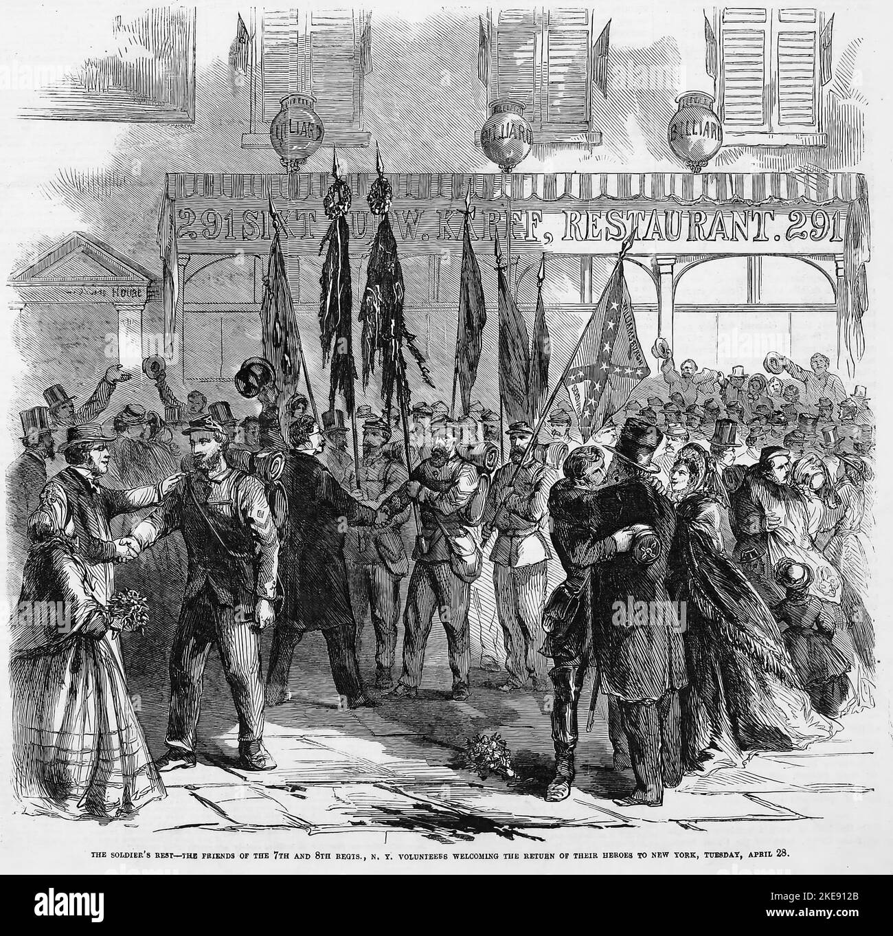 Le repos du soldat - les amis des régiments de 7th et 8th, les volontaires de New York saluant le retour de leurs héros à New York, mardi, 28 avril 1863. Illustration de la guerre de Sécession américaine du 19th siècle tirée du journal illustré de Frank Leslie Banque D'Images