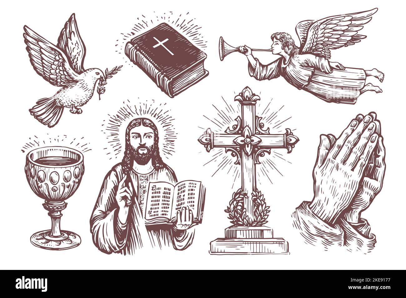 Sainte Bible, mains pliées dans la prière, croquis d'ange. Jeu de symboles religieux. Collection d'illustrations vectorielles vintage Illustration de Vecteur