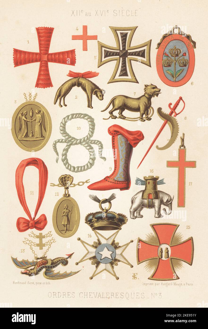 Croix et insignes des ordres de Chivalry, 12th à 16th siècle. Ecaille 1, Toison d'or 2, sang précieux 3, notre-Dame de Montalant 4, Dannebrog 5, bain 6, Lion 7, Sainte Catherine 8, Stocking 9, Knot 10, Écharpe 11, Saint James 12, Dragon 13, Pole Star 14, Saints Jean et Thomas 15, Eléphant 16, Jésus Christ 17. Ordres chevaleresques. Chromolithographe de Ferdinand Sere, des Arts Somptuaires de Charles Louandre, The Sumptuary Arts, Hangard-Mauge, Paris, 1858. Banque D'Images