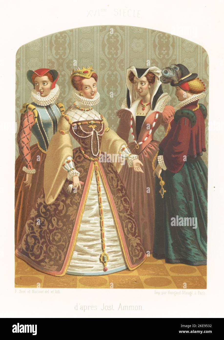 Noblewomen à la mode par Jost Ammon, 16th siècle. Courtisans et royalties allemandes en couronnes et chapeaux fantaisie, hauts cols ruff, robes avec bodys, manches complètes, jupons brocart. Après les peintures de l'artiste suisse-allemand Jost Ammon 1539-1591. d'apres Jost Ammon, XVIe siecle. Chromolithographe de Ferdinand Sere et Auguste Racinet, de Charles Louandre, les Arts Somptuaires, les Arts Sumptuary, Hangard-Mauge, Paris, 1858. Banque D'Images