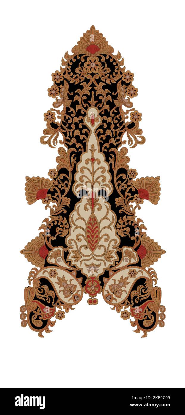 Il s'agit d'une bordure ethnique géométrique traditionnelle numérique unique, de feuilles de fleurs à motif floral et d'éléments d'art Mughal, d'un motif de texture abstrait et d'un O vintage Illustration de Vecteur