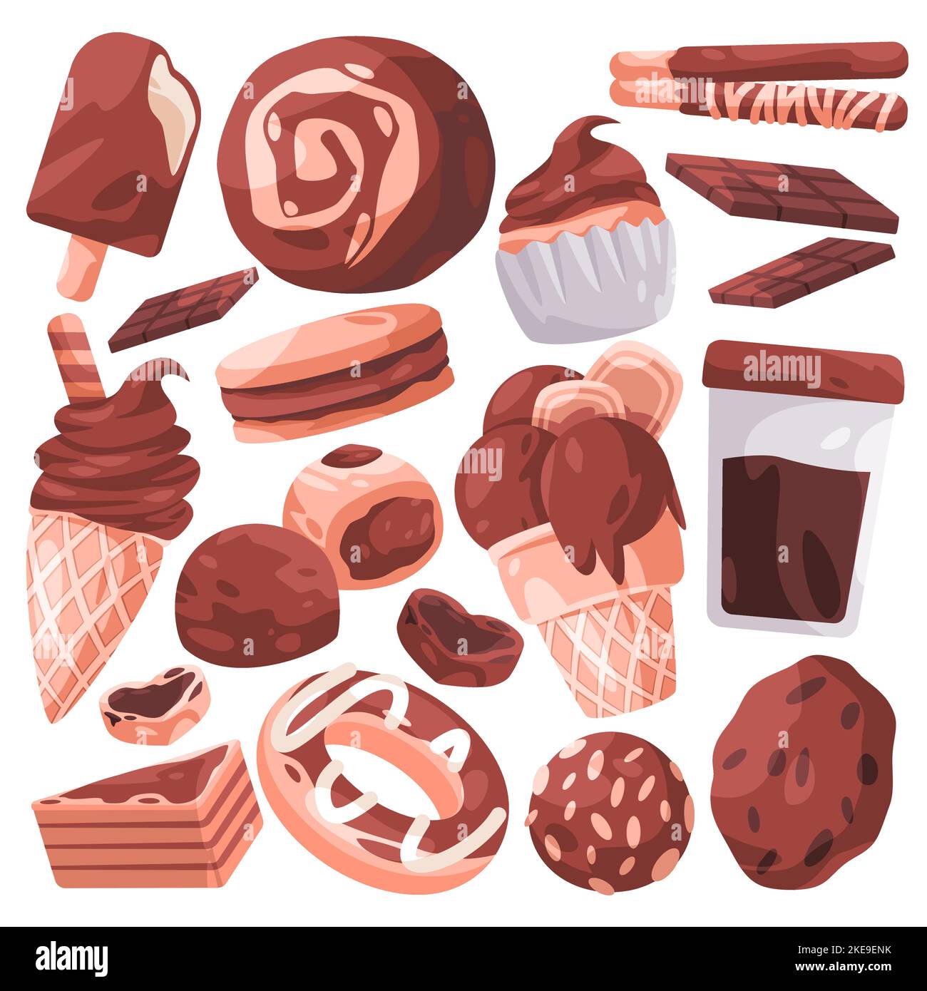 Gâteau au chocolat et biscuits sucrées à dessert, glace crème glacée, ensemble de pain glacé cuit Illustration de Vecteur