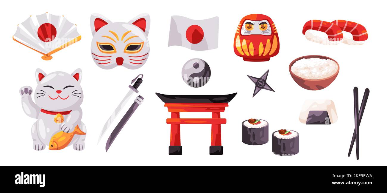 Le Japon a fixé la collection d'objets culturels tels que maneki neko évaluer la nourriture et le drapeau Illustration de Vecteur