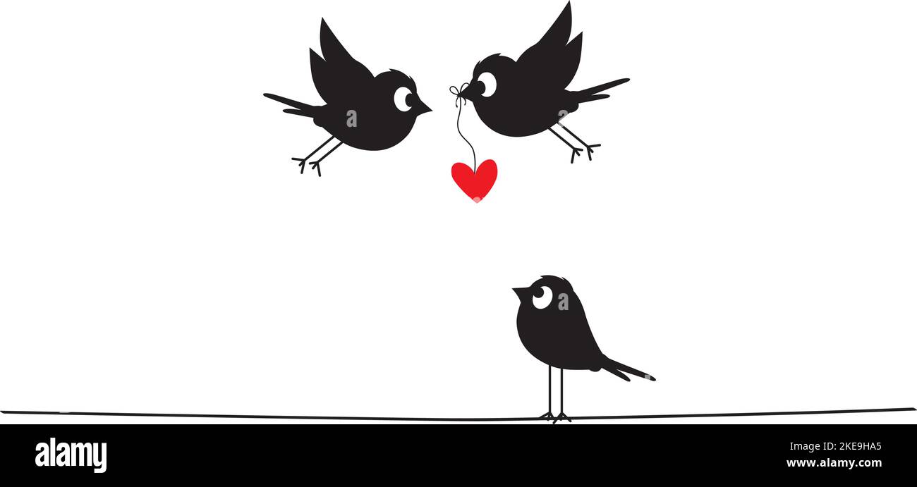 Silhouettes d'oiseaux sur fil tenant coeur rouge illustration, vecteur. Dessin animé amusant. Affiche minimaliste isolée sur fond blanc. Art Illustration de Vecteur