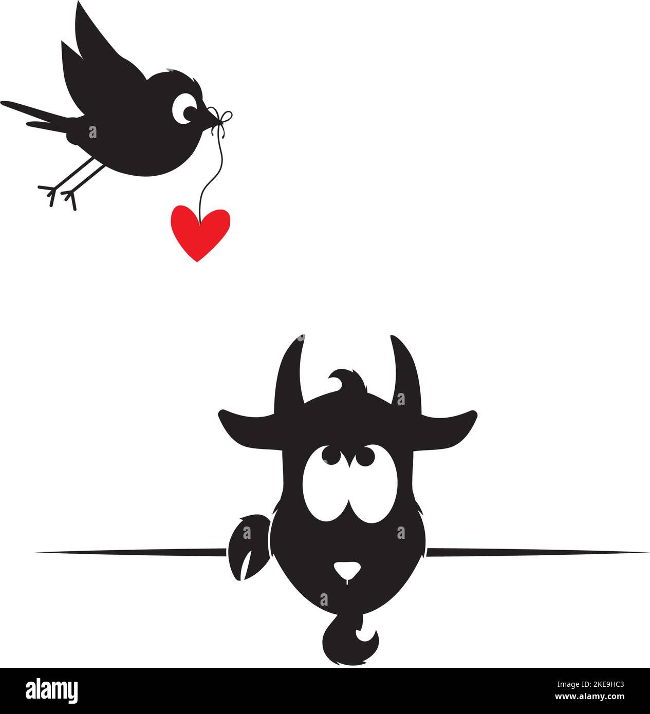 Silhouette d'oiseau volant tenant coeur rouge et illustration de chèvre, vecteur. Dessin animé amusant. Affiche minimaliste isolée sur fond blanc. Illustration de Vecteur