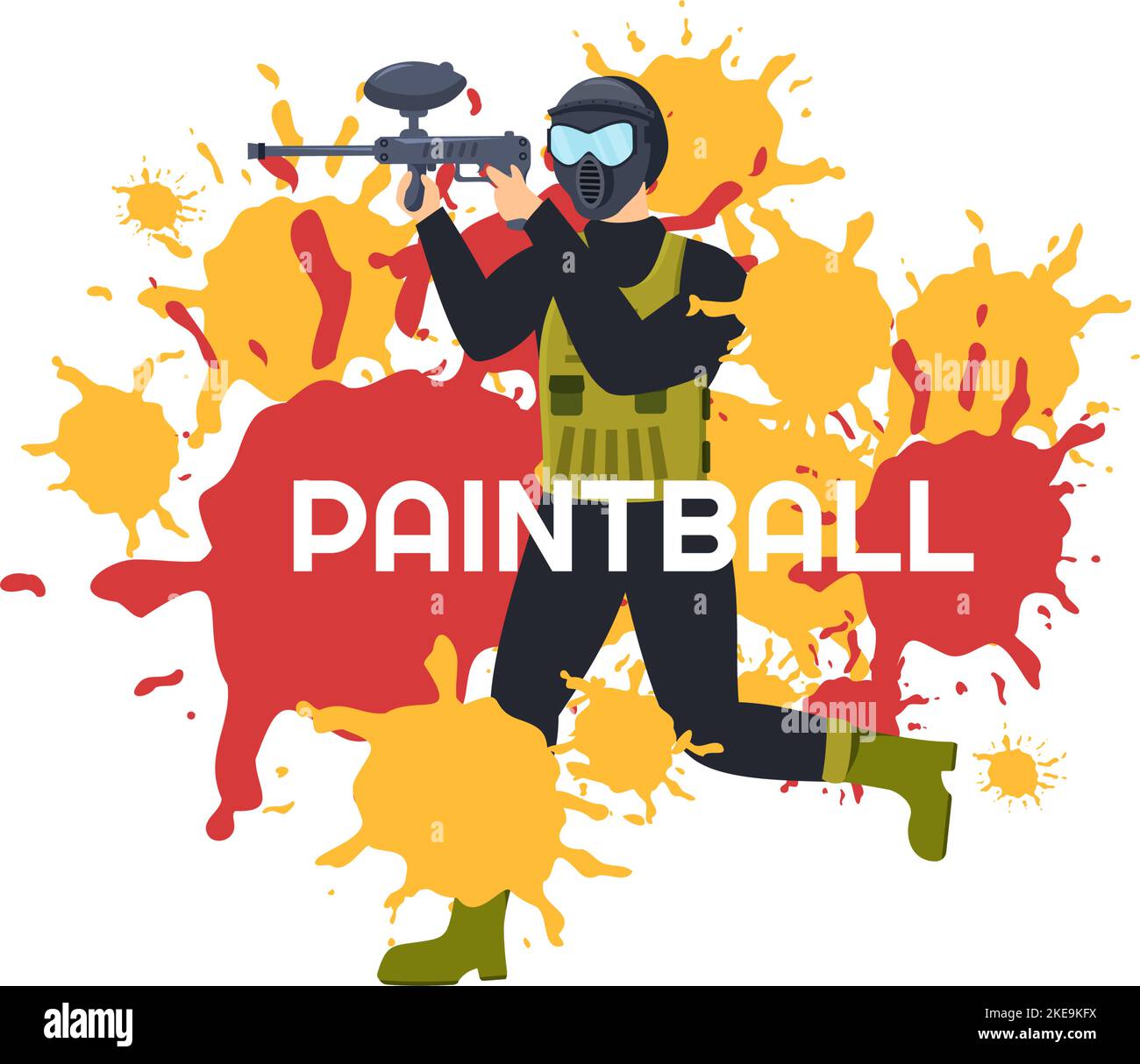 Les gens jouant Paintball de Fighter joueur de tir avec tir de canon, but, attaque dans la scène de champ dans le dessin à la main de dessin-modèle de dessin-modèle plat Illustration de Vecteur