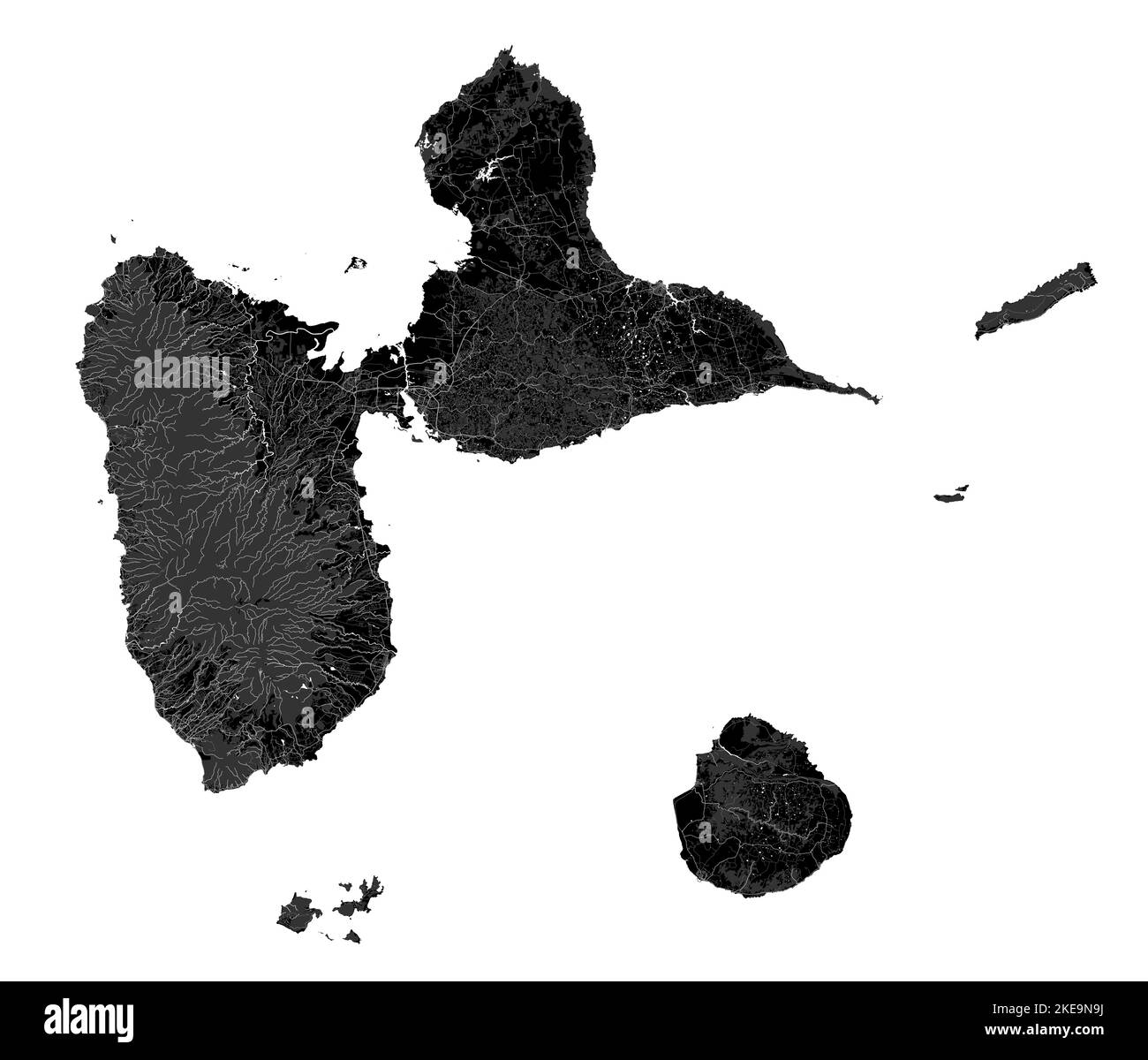 Carte de la Guadeloupe, îles des Caraïbes. Archipel et département et région d'outre-mer de France. Carte noir foncé avec rivières, forêts, fond blanc. Illustration de Vecteur