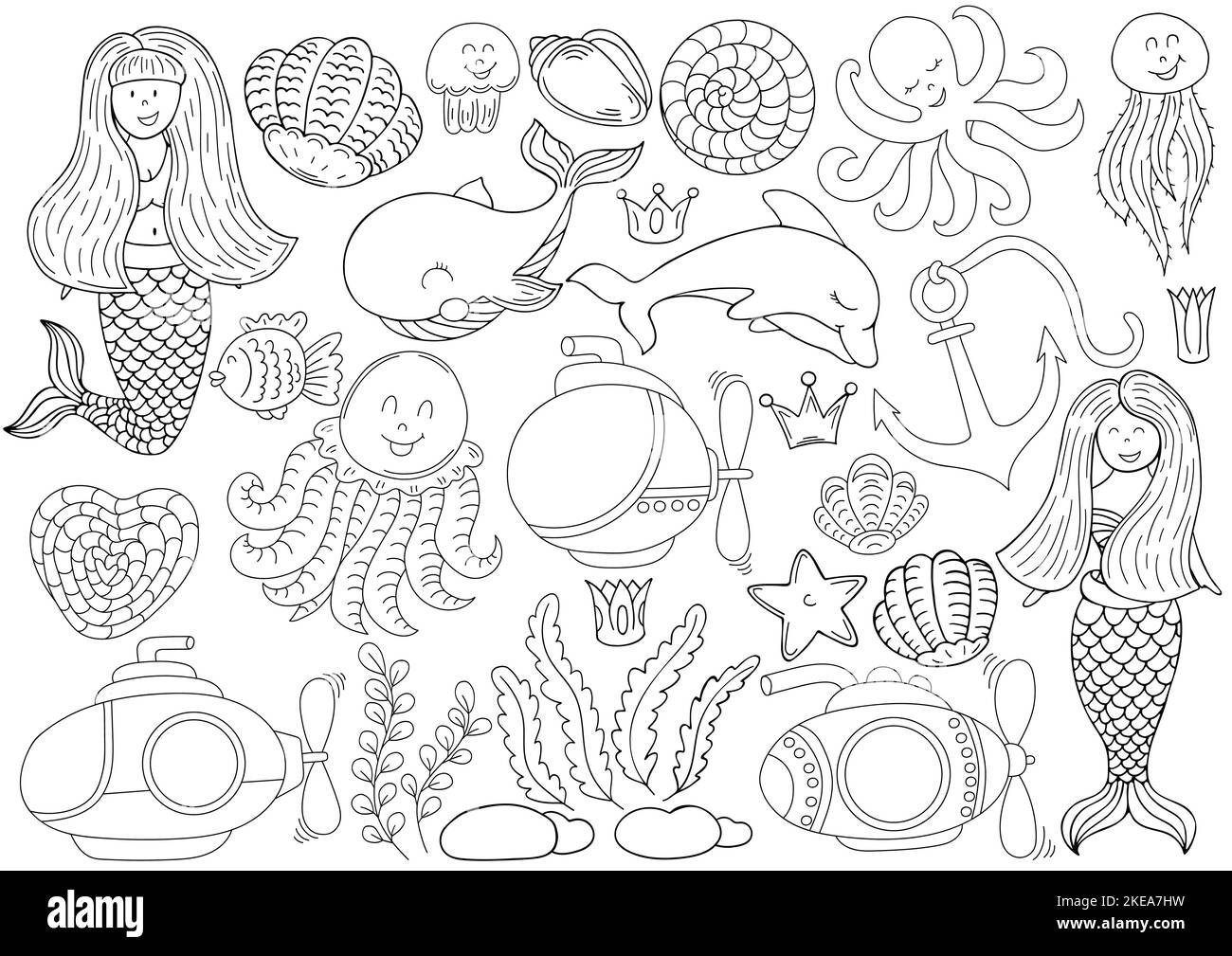 Grand ensemble d'icônes et d'éléments de conception. Mer, océan et leurs fabuleux habitants. Monochrome. Collection d'icônes, de panneaux, de broches Illustration de Vecteur