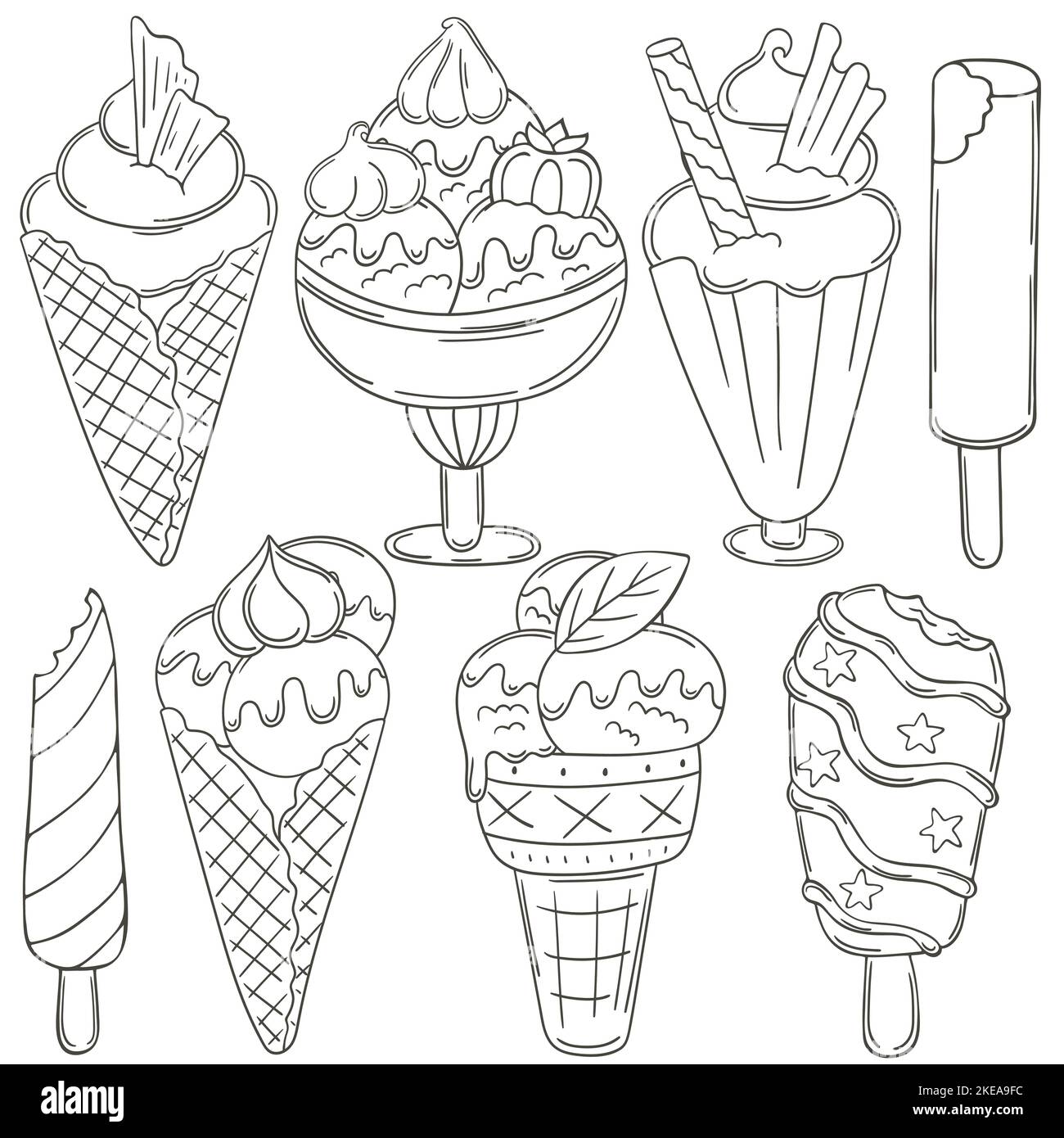 Crème glacée à colorier. Ensemble d'illustrations vectorielles en mode dessin à la main. Collection d'icônes, épingles, autocollants. Crème glacée dans une tasse, dans un vase, popsicle, swee Illustration de Vecteur