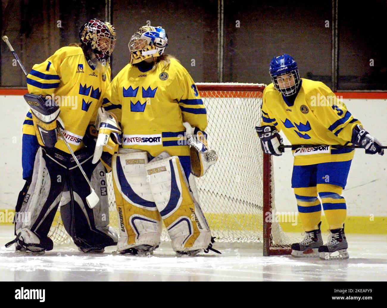 Match de hockey entre Damkronorna (l'équipe nationale féminine de hockey sur glace suédoise) et la Chine, Vadstena, Suède. Sur la photo: De gauche- Cecilia Andersson, Kim Martin. À droite - Frida Nevalainen. Banque D'Images