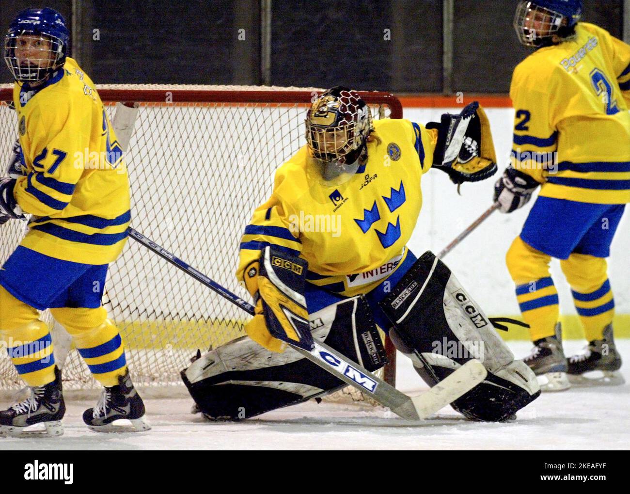 Match de hockey entre Damkronorna (l'équipe nationale féminine de hockey sur glace suédoise) et la Chine, Vadstena, Suède. Sur la photo: Cecilia Andersson, gardien de but suédois. Banque D'Images