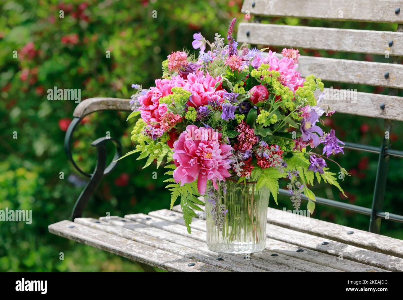 Bouquet coloré, rouge, rose et violet avec pivoines et columbines dans un vase en verre sur un banc de jardin en bois Banque D'Images