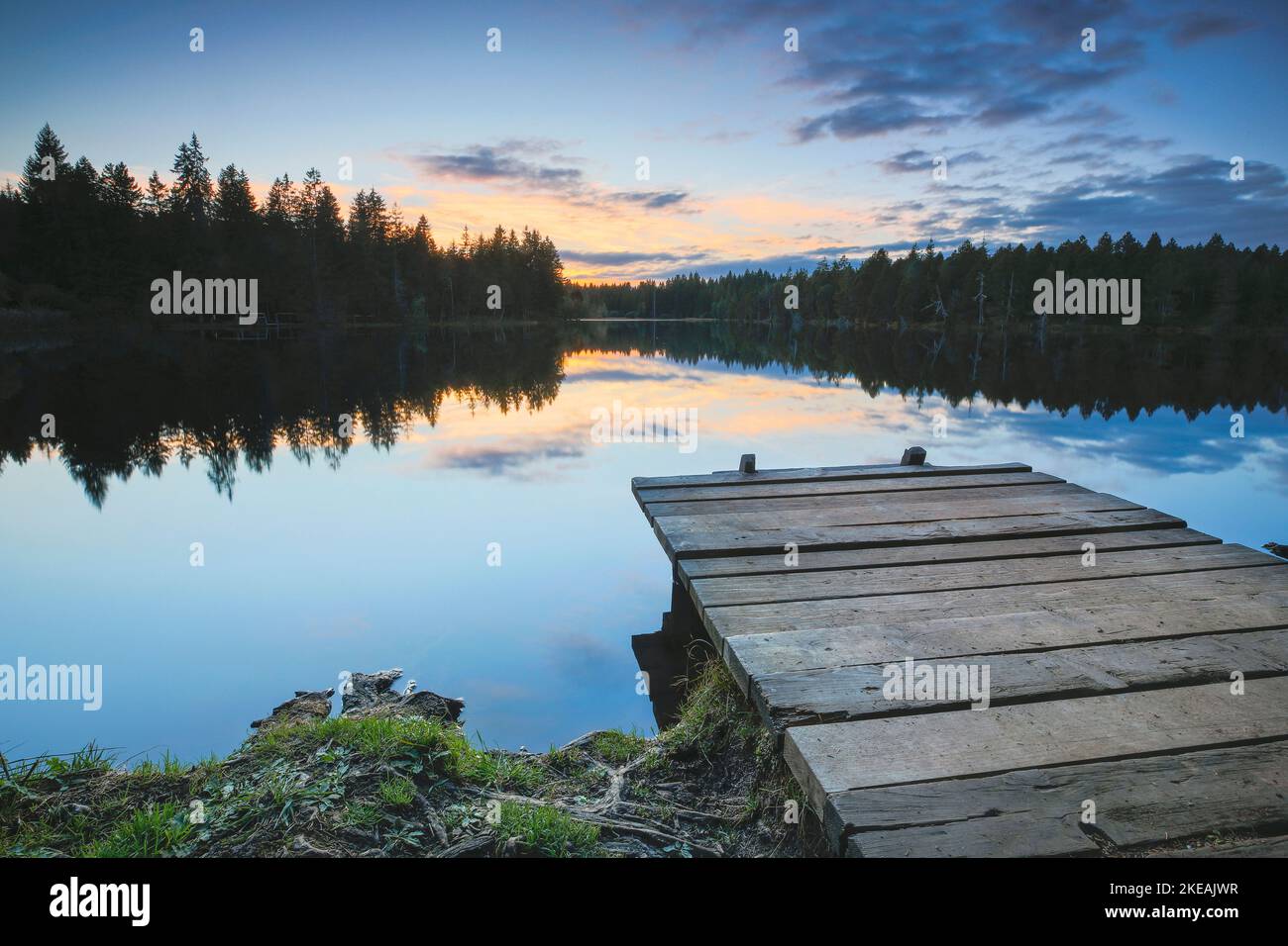 Promenade à pied à la tombée de la nuit sur les rives d'un lac de la lande, Suisse, Kanton Jura Banque D'Images