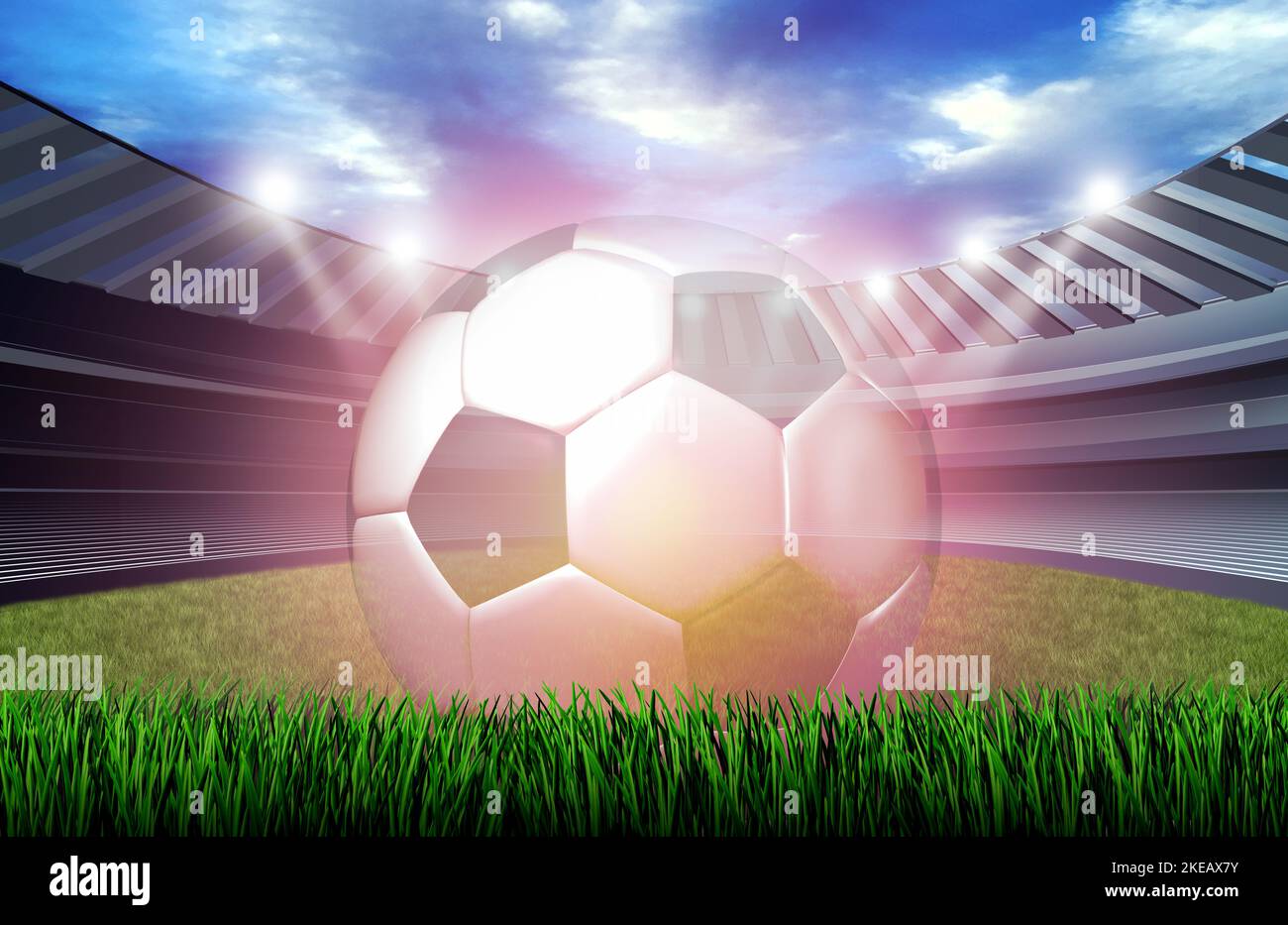 Ballon de football brillant dans un stade de sport ou un terrain de sport comme un tournoi d'équipe dans une arène ou une compétition européenne et internationale de football Banque D'Images