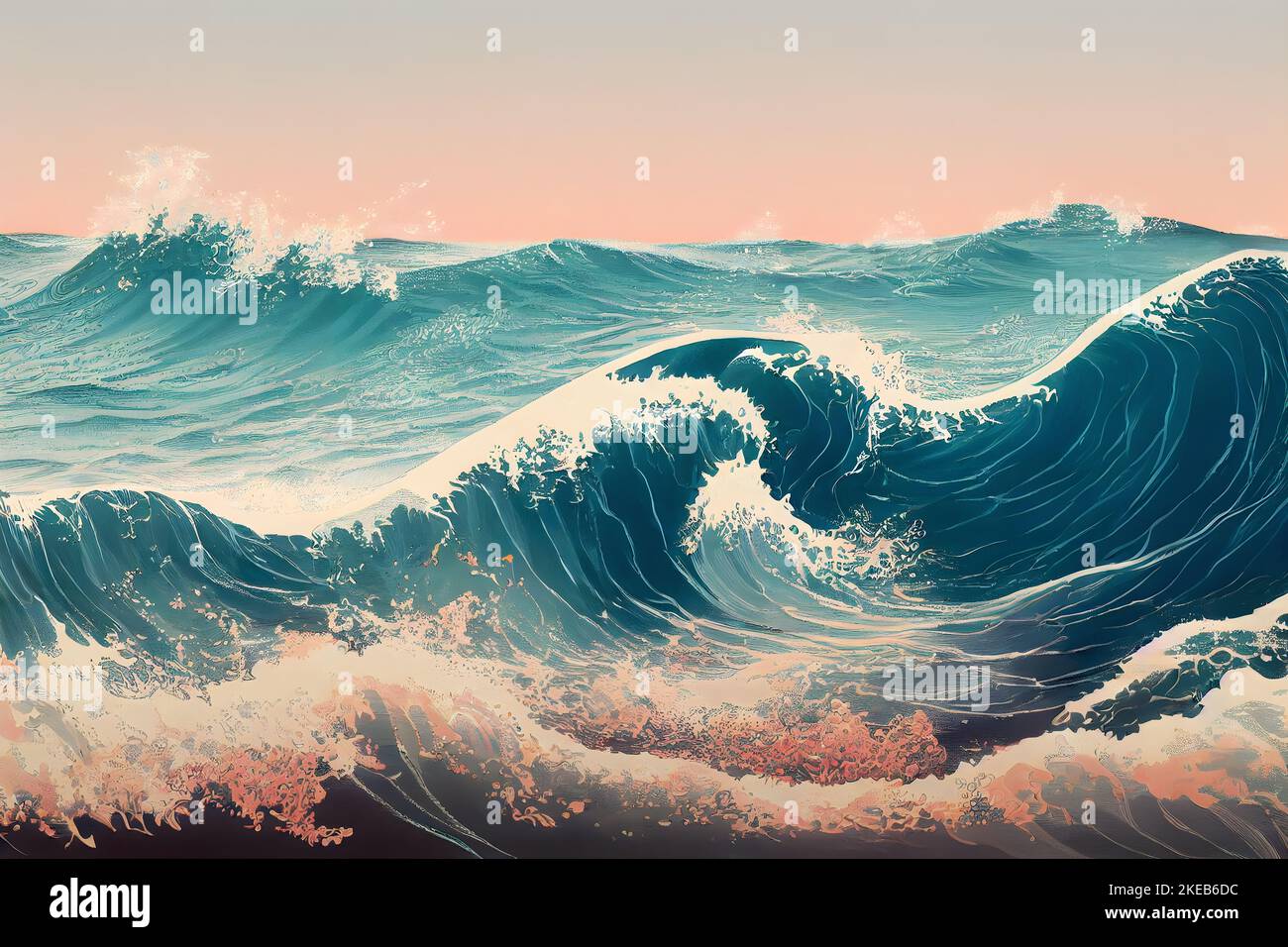 Illustration japonaise des grandes vagues de l'océan comme papier peint (style de Katsushika Hokusai). Banque D'Images