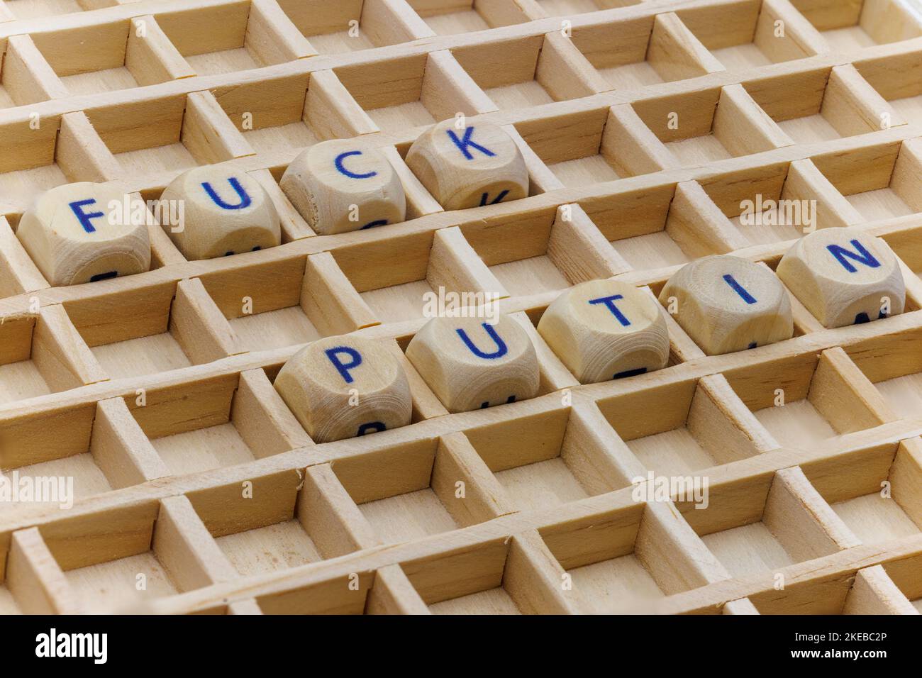 Un gros plan de dés en bois à l'intérieur d'une boîte de réglage qui définit un message politique Banque D'Images