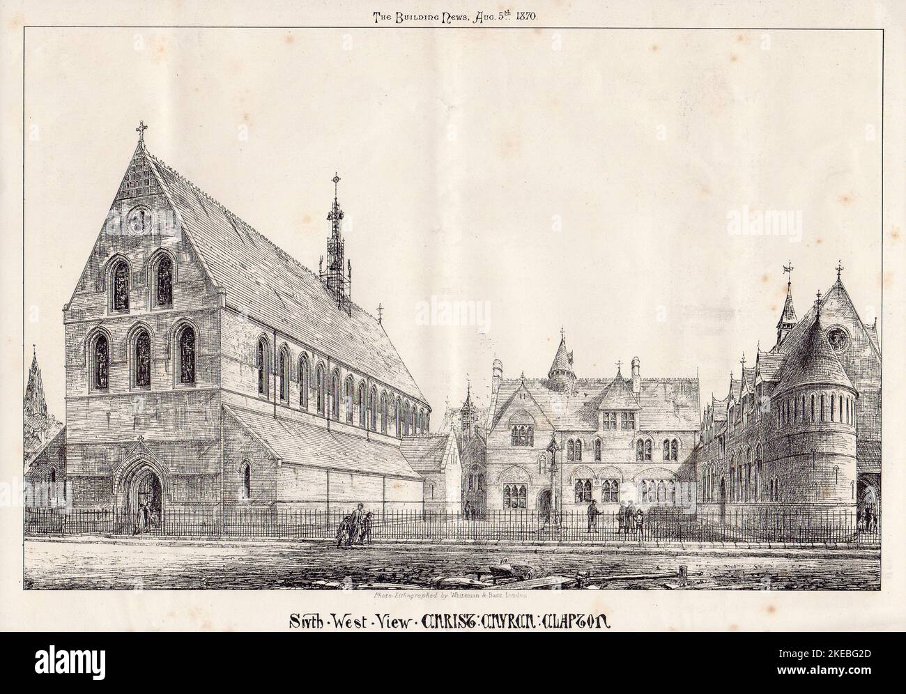 South West View of Christ Church, Kenninghall Road, Clapton, Londres, publié dans le magazine Building News, 5th avril 1870. Illustration/gravure en noir et blanc. Cela n'a jamais été construit, la commission se rendant finalement à William Wiggington. La pierre de fondation de Christ Church a été posée le 30th août 1870 et le bâtiment consacré par John Jackson l'évêque de Londres le 6th mai 1871. L'église a été détruite lors des raids de bombardement allemands en 1940, et finalement démolie vers 1953. Banque D'Images