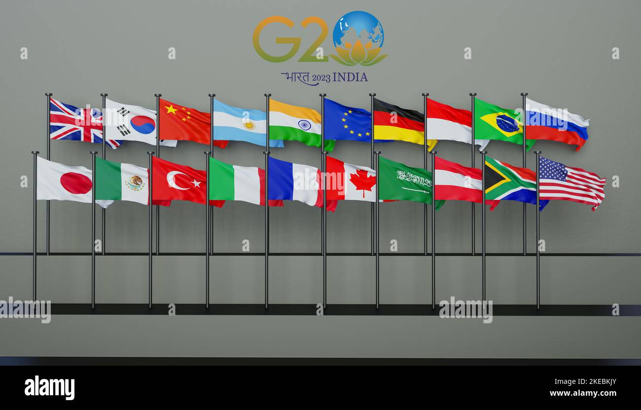 Drapeau G20 Inde, drapeaux les membres du drapeau G20 sont, G20 2023 couleurs drapeau avec texte, espace de copie, 3D illustration et 3D travaux Banque D'Images