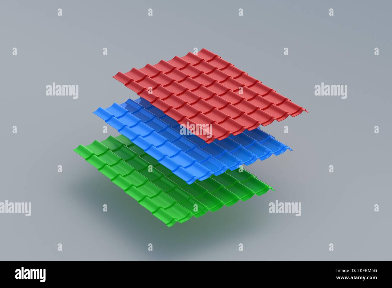 Différents carreaux de toit en métal. Système de toiture contemporain. Matériaux de construction. Type de couverture de maison. 3d rendu Banque D'Images