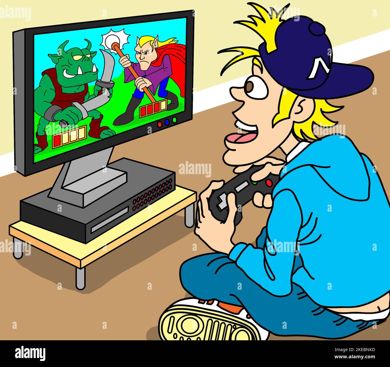 Art d'un jeune homme jouant un rôle de jeu de fantaisie sur sa console de jeux à domicile. Thème, loisirs, détente, jeux vidéo, jeux informatiques. Banque D'Images