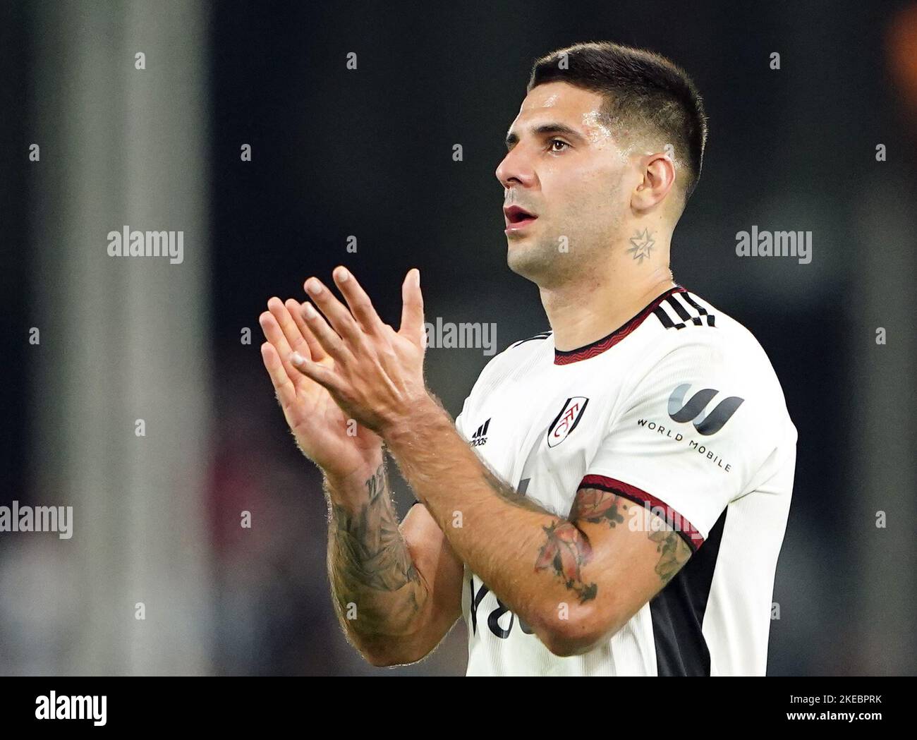 Photo du dossier datée du 29-10-2022 d'Aleksandar Mitrovic, qui manquera dimanche le match de la Premier League contre Manchester United en raison d'un problème de pied qui pourrait faire de l'attaquant de Serbie un doute de forme physique pour la coupe du monde. Date de publication : vendredi 11 novembre 2022. Banque D'Images