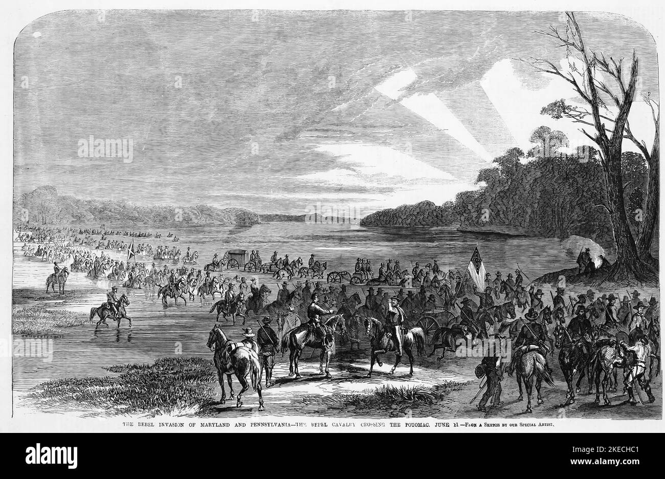 L'invasion Rebel du Maryland et de la Pennsylvanie - la cavalerie Rebel traversant le Potomac. 11 juin 1863. Campagne Gettysburg. Illustration de la guerre de Sécession américaine du 19th siècle tirée du journal illustré de Frank Leslie Banque D'Images