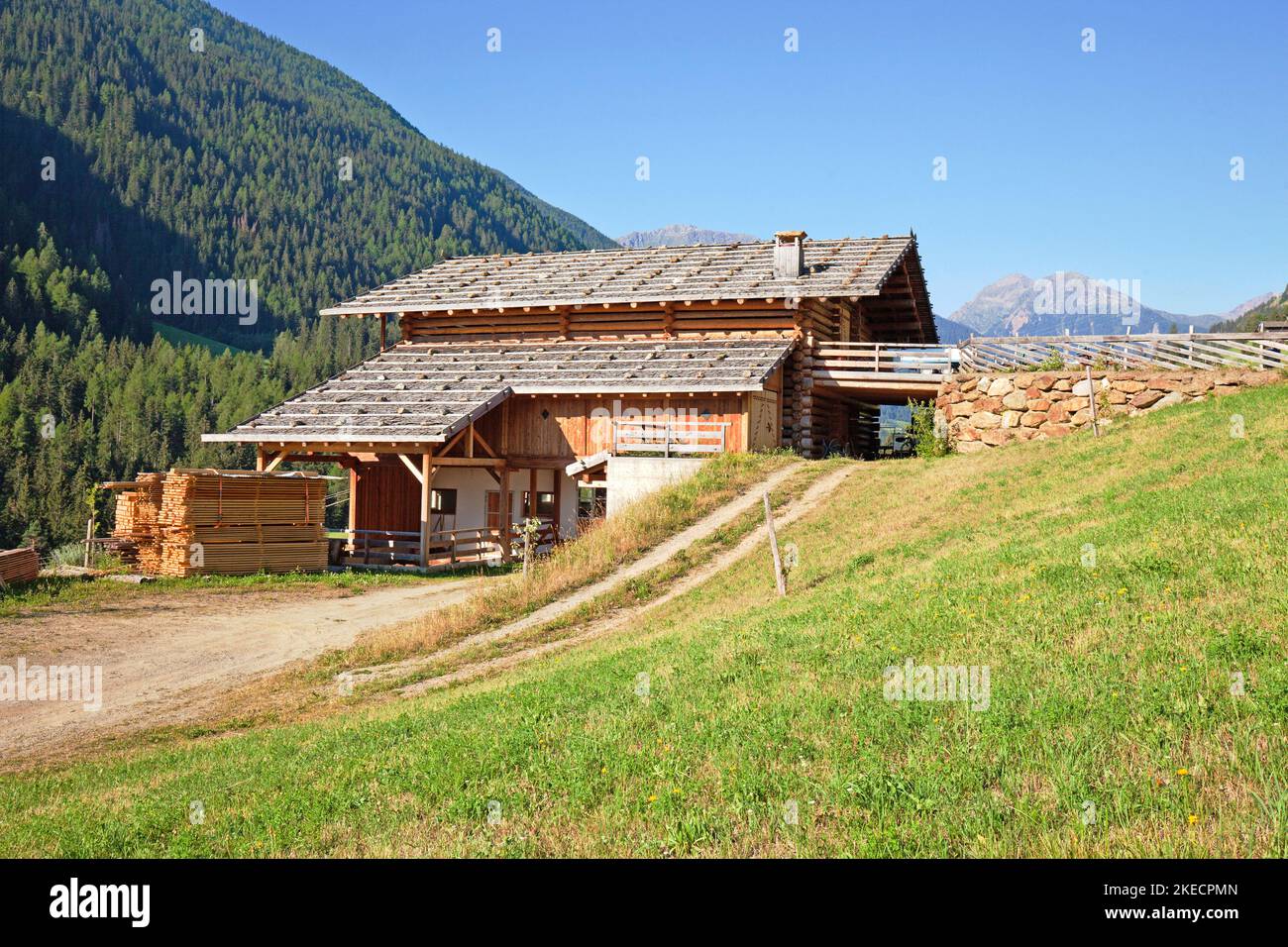Nouvelle construction d'une ferme de montagne dans un style champêtre typique sur un terrain de prairie escarpé dans la vallée d'Ulten du Tyrol du Sud Banque D'Images