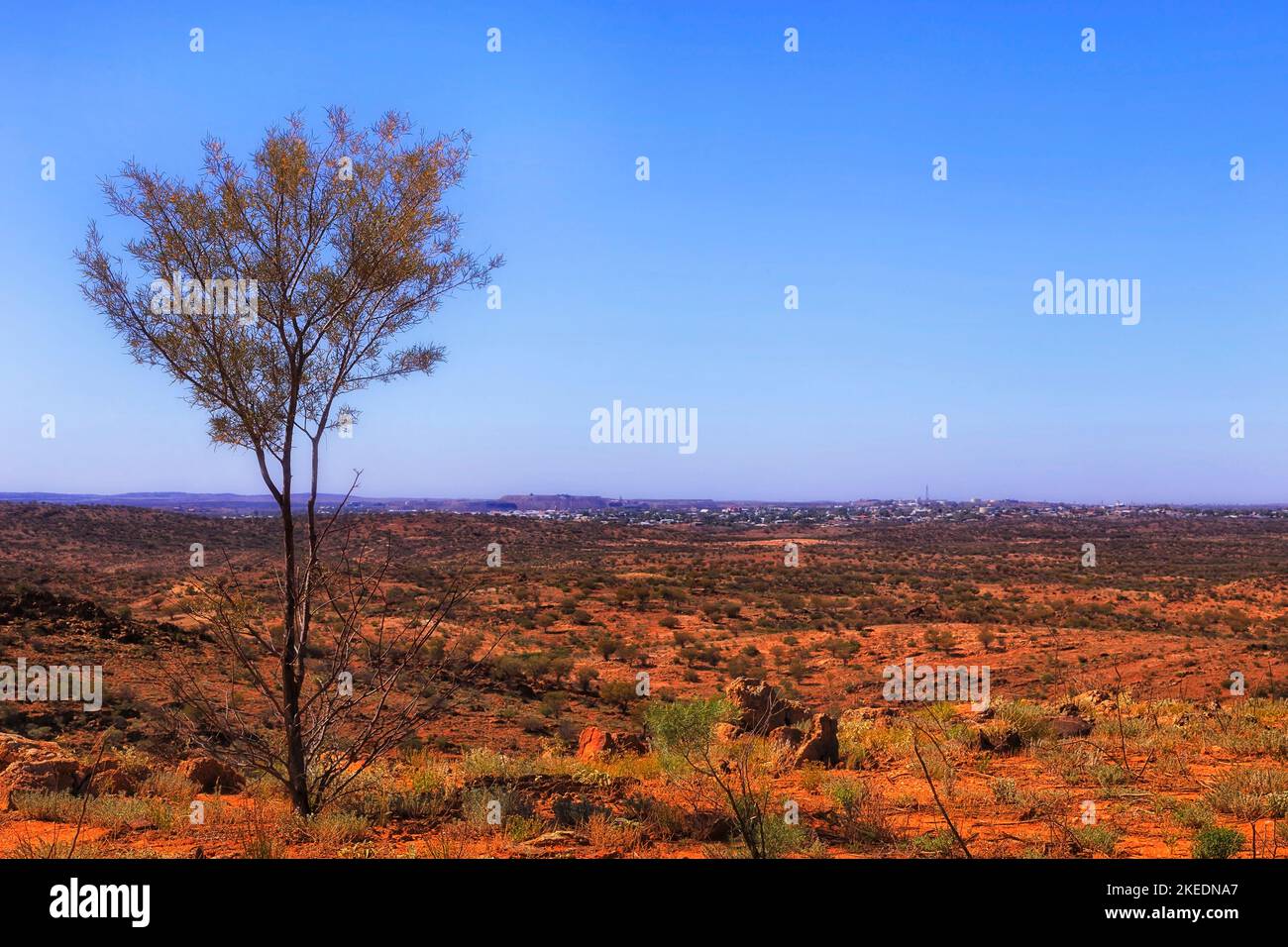 Arrière-pays australien en terre rouge à Broken Hill, ville minière de l'extrême-ouest de la Nouvelle-Galles du Sud, près du jardin public de pierres vivant dans le désert. Banque D'Images