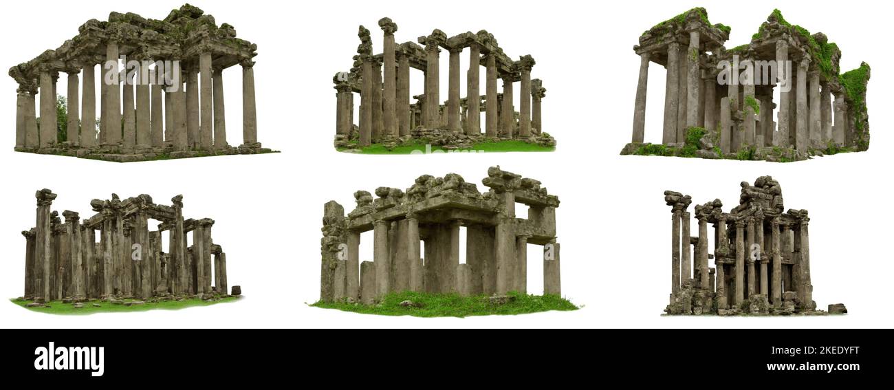 ruines d'un temple antique, collection de bâtiments historiques, isolés sur fond blanc Banque D'Images