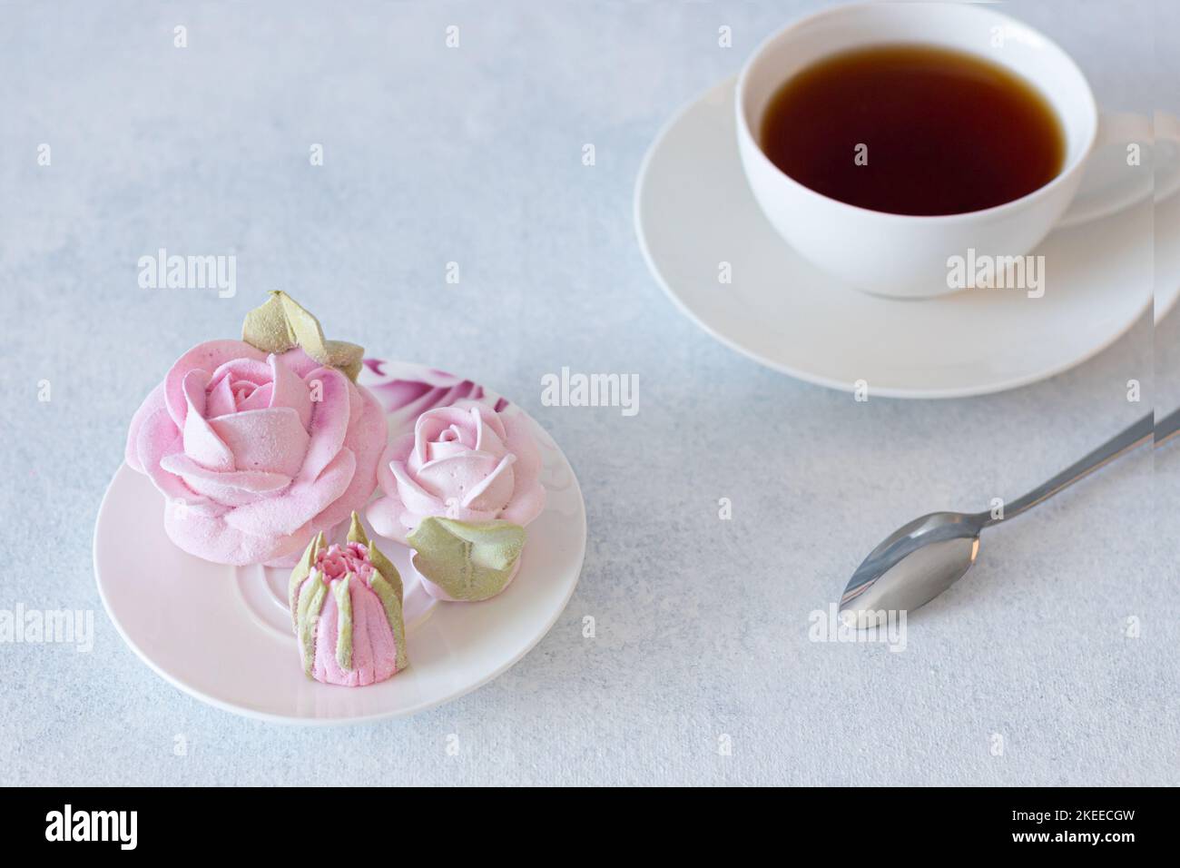 ensemble de thé dans une composition avec des fleurs de guimauve. Tasse à café sur soucoupe. Sur fond gris clair. Soirée thé revigorante le matin Banque D'Images