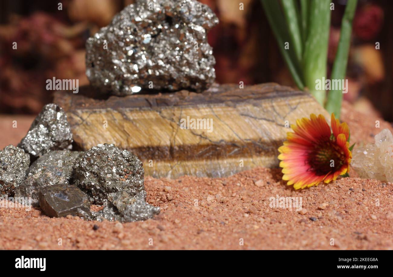 Fleur avec des rochers de pyrite et des cristaux de Chakra sur le sable rouge australien Banque D'Images