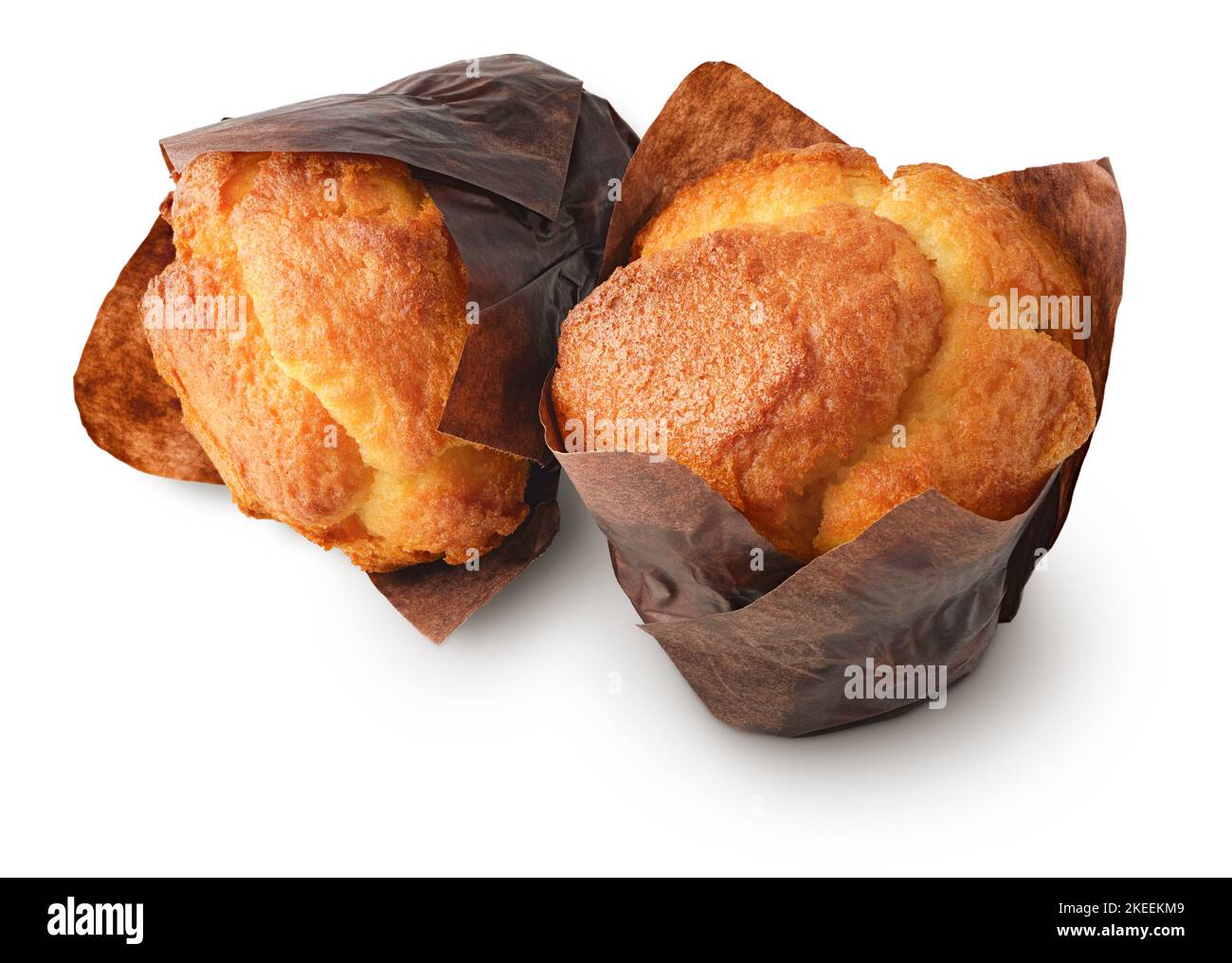 Deux muffins à la vanille, ou petits gâteaux, isolés sur fond blanc Banque D'Images