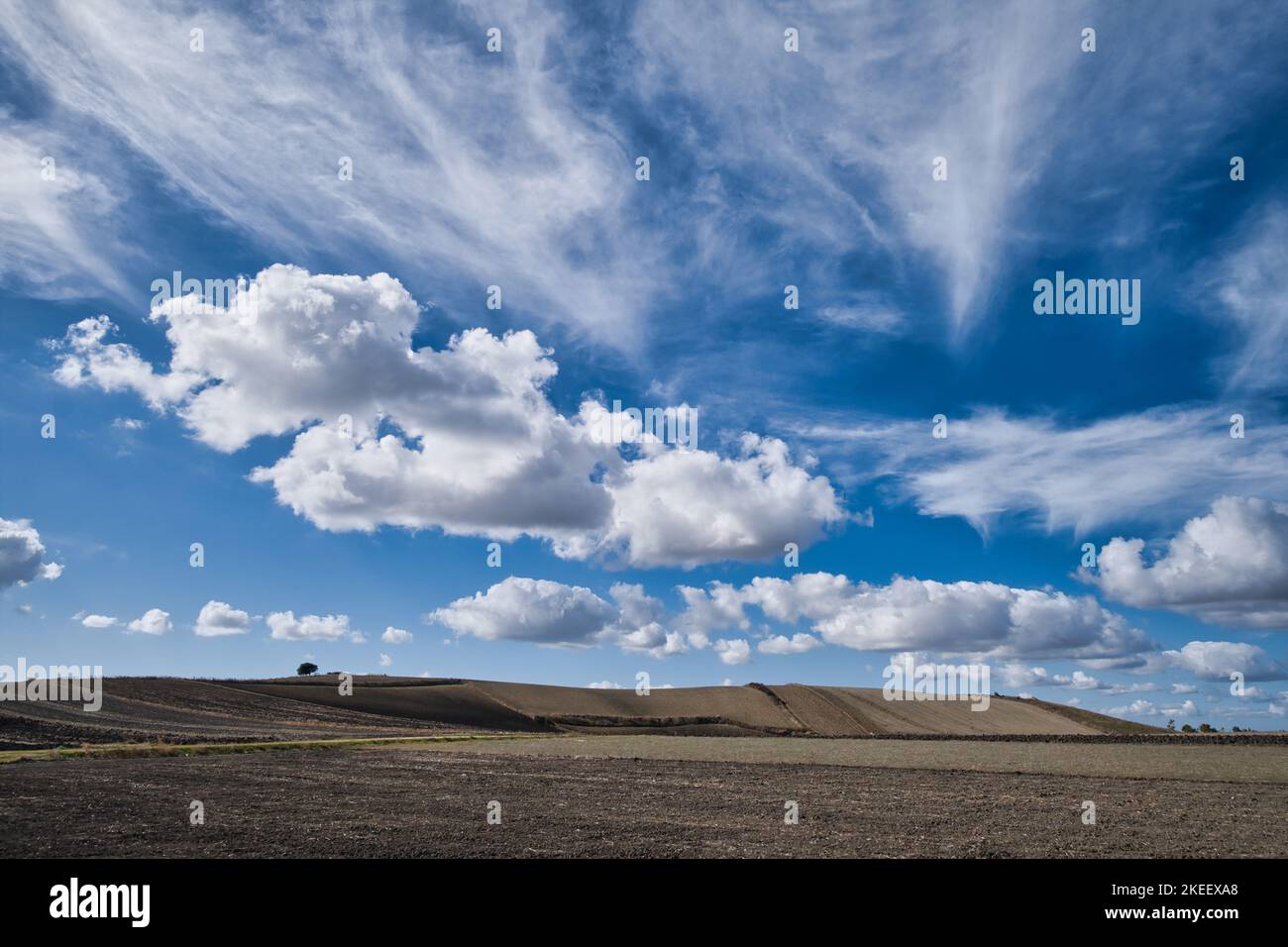 Vue sur les champs labourés dans la campagne de la Sardaigne en automne Banque D'Images