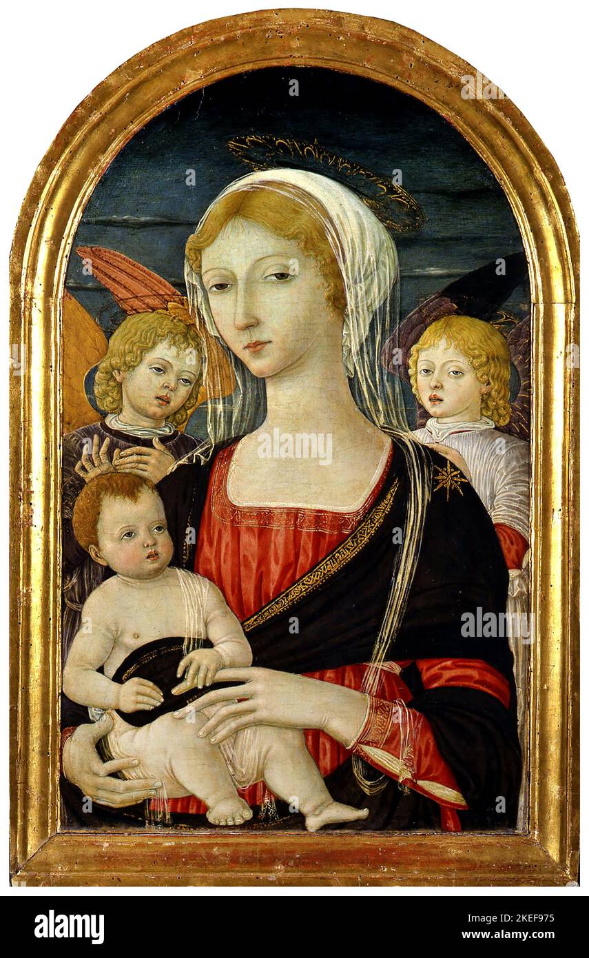 Matteo di Giovanni, Madonna avec enfant et anges, 1470 Tempera à panneaux, Musée d'Art Sacré de la Vallée de l'Arbia, Sienne, Italie Banque D'Images