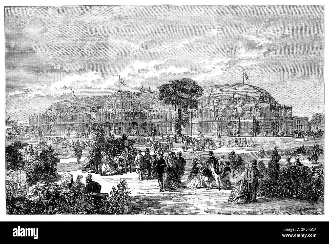 Le jardin d'hiver et le Centre d'exposition érigés pour la deuxième exposition internationale de Dublin qui s'est tenue dans ce qui est devenu Iveagh Gardens, pendant l'été 1865 en Irlande. Banque D'Images