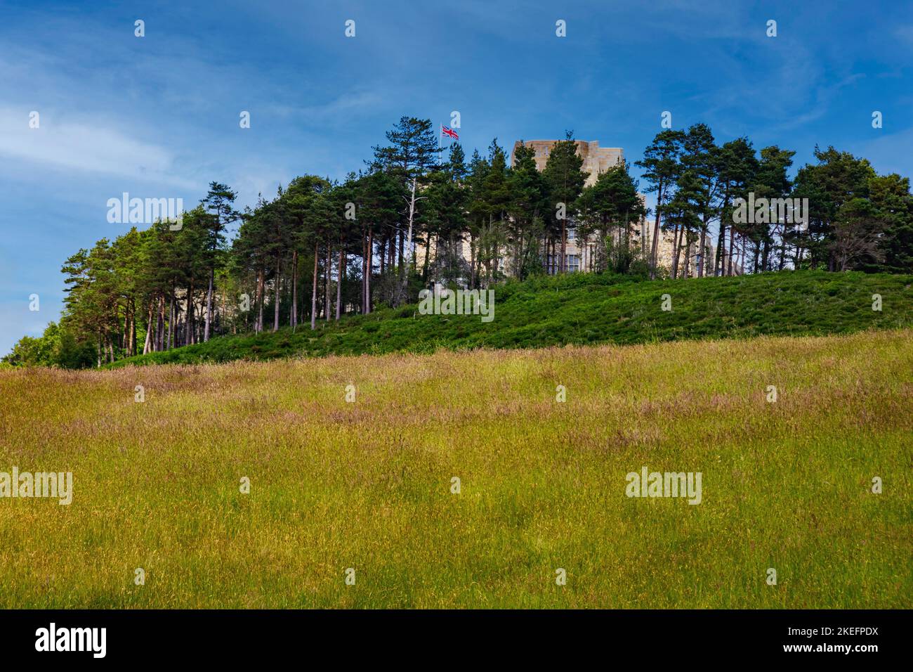 Vue d'été du château Drogo dans la forêt, au-dessus d'une prairie sauvage, à côté de la rivière Teign. Banque D'Images